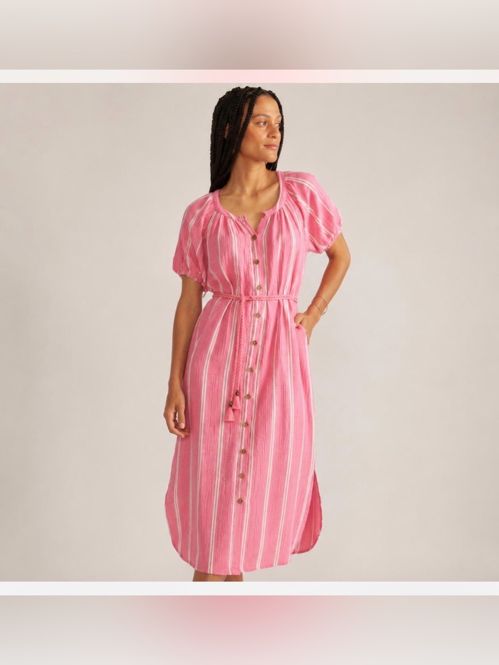 Marine Layer Erin Slub Cotton Pink Striped Button-Front Midi Shirt Dress XS